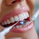 Oral hygiene focus with an ultrasonic teeth cleaning machine removing calculus and plaque, showcasing dental care technology,